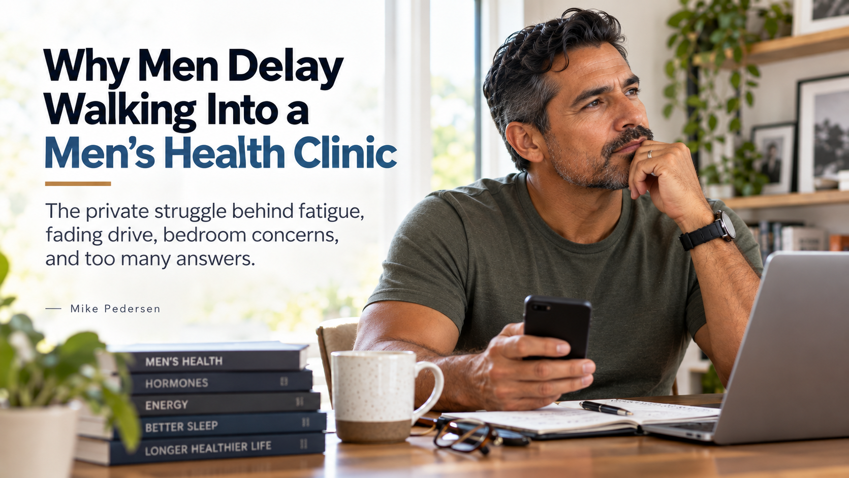 Middle-aged Hispanic man researching men's health concerns, including fatigue, hormones, energy, sleep and treatment options before deciding whether to visit a men's health clinic.